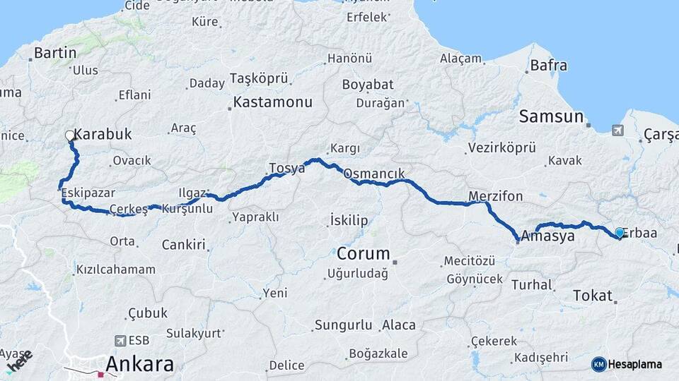 Tokat Erbaa Karabük Arası Kaç Km - Yol Haritası
