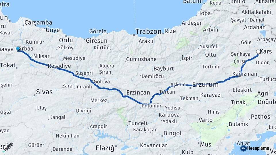 Tokat Erbaa Kars Arası Kaç Km - Yol Haritası