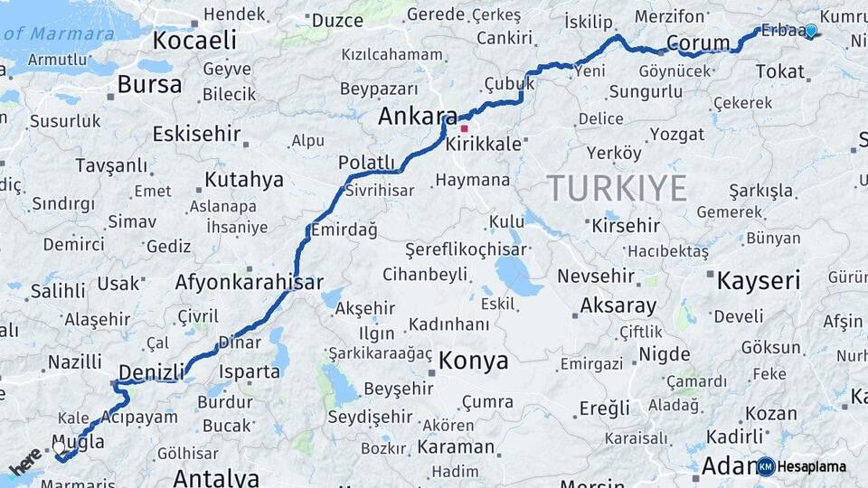 Tokat Erbaa Muğla Arası Kaç Km - Yol Haritası