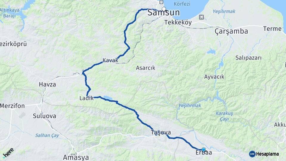 Tokat Erbaa Samsun Arası Kaç Km - Yol Haritası