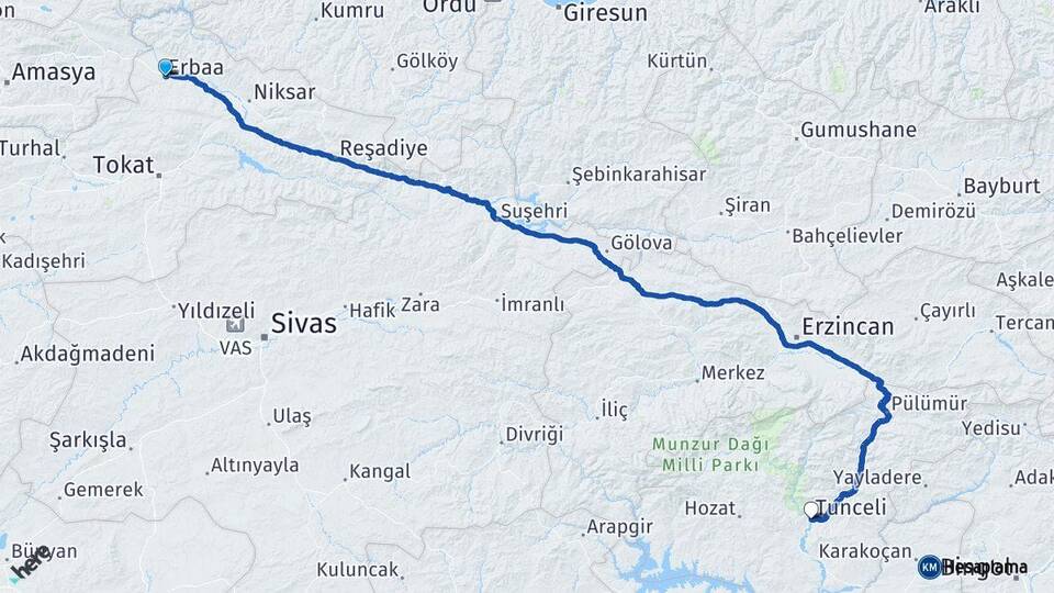 Tokat Erbaa Tunceli Arası Kaç Km - Yol Haritası