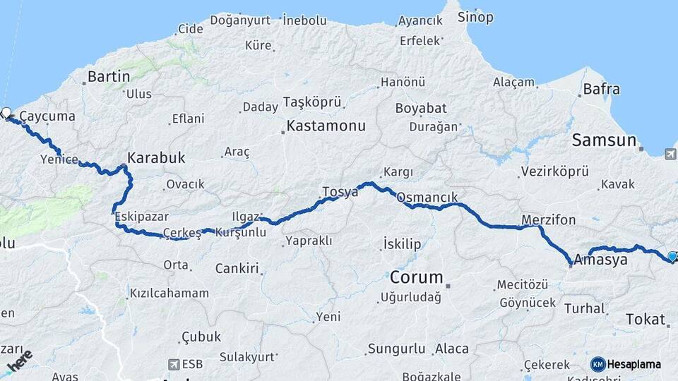 Tokat Erbaa Zonguldak Arası Kaç Km - Yol Haritası