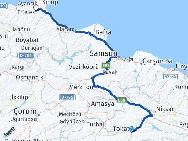 Tokat Erfelek Sinop Arası Kaç Km - Yol Haritası