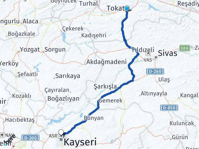 Tokat Erkilet Havalimanı Arası Kaç Km - Yol Haritası