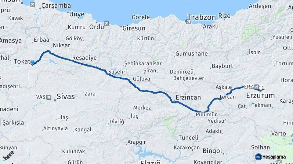 Tokat Erzurum Arası Kaç Km - Yol Haritası