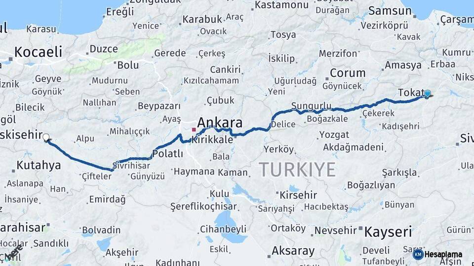 Tokat Eskişehir Arası Kaç Km - Yol Haritası
