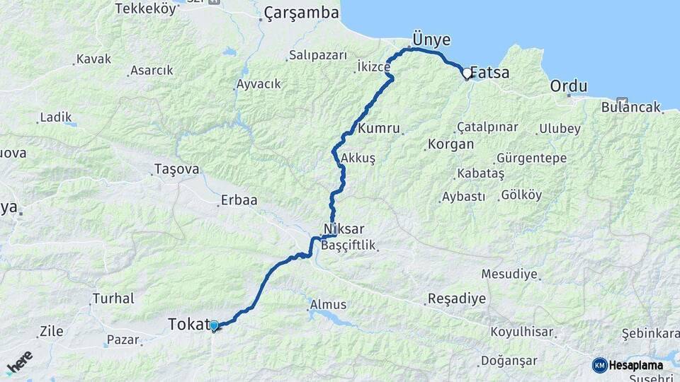 Tokat Fatsa Ordu Arası Kaç Km - Yol Haritası