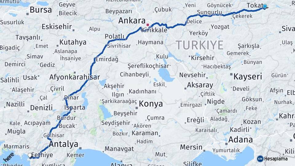 Tokat Fethiye Muğla Arası Kaç Km - Yol Haritası