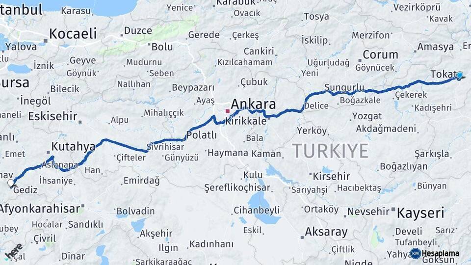 Tokat Gediz Kütahya Arası Kaç Km - Yol Haritası