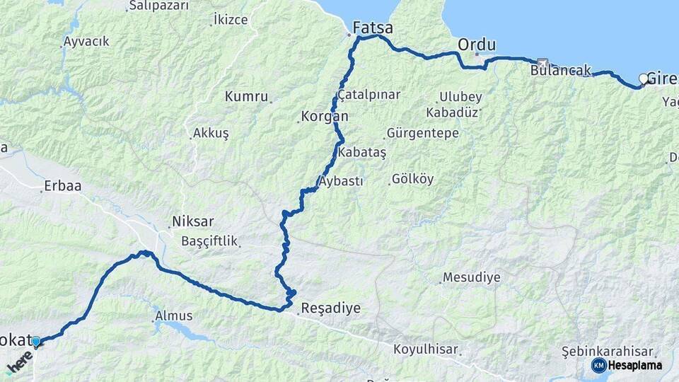Tokat Giresun Arası Kaç Km - Yol Haritası