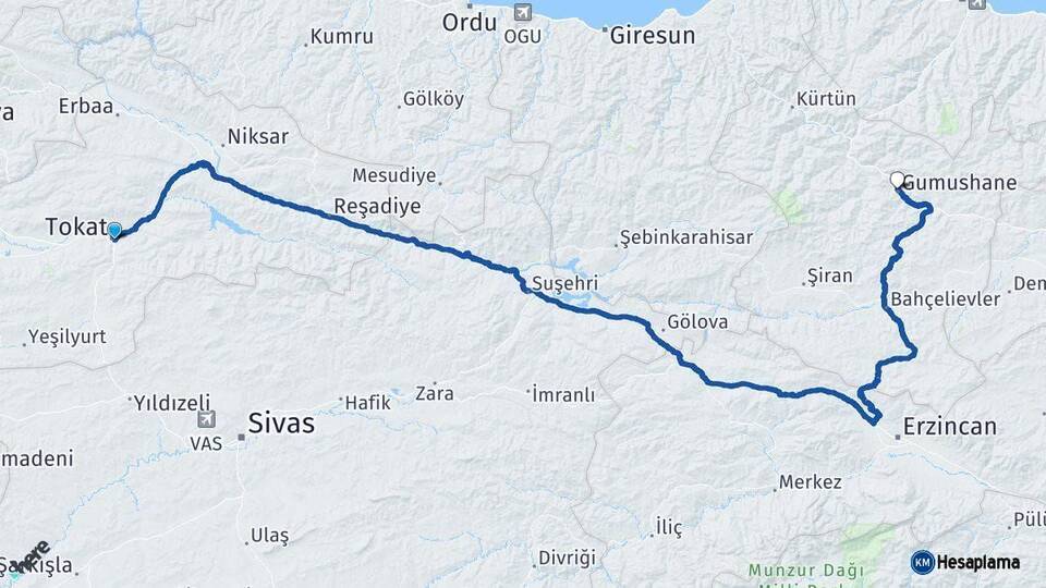 Tokat Gümüşhane Arası Kaç Km - Yol Haritası