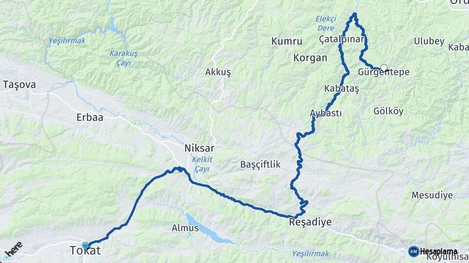 Tokat Gürgentepe Ordu Arası Kaç Km - Yol Haritası