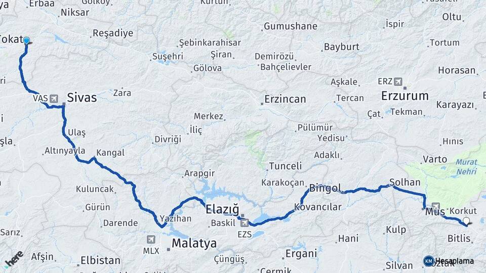 Tokat Güroymak Bitlis Arası Kaç Km - Yol Haritası