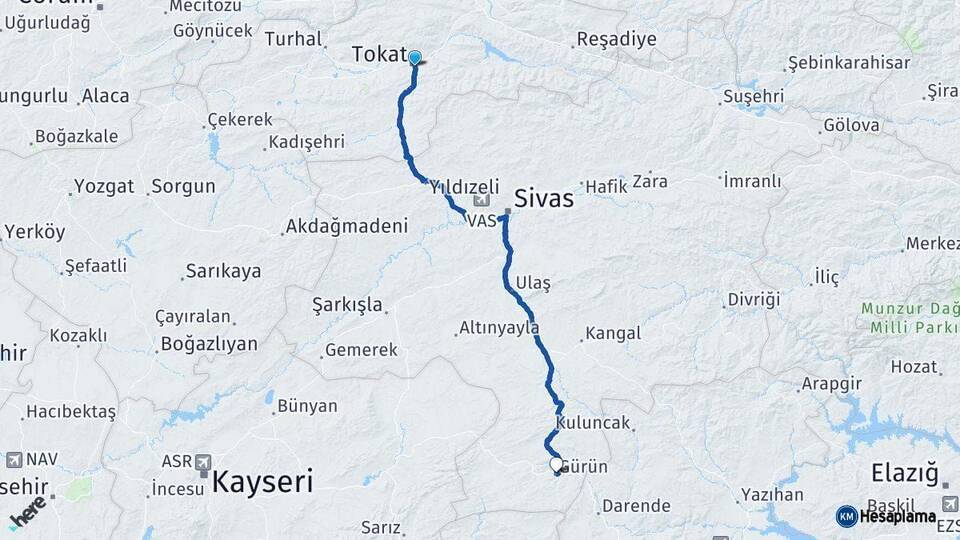 Tokat Gürün Sivas Arası Kaç Km - Yol Haritası