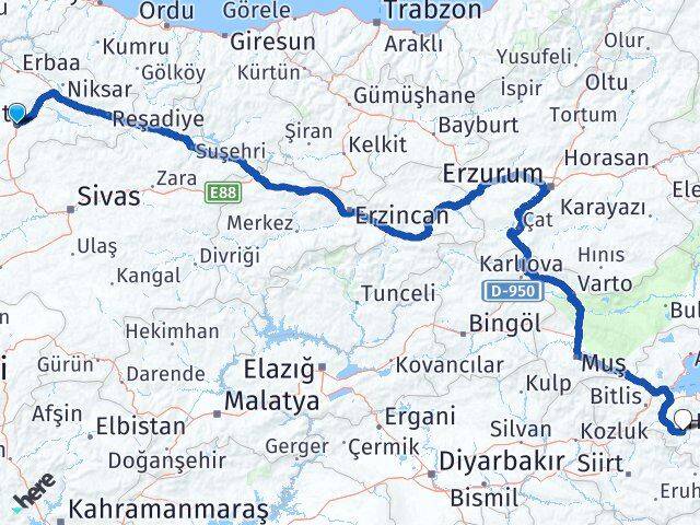 Tokat Hizan Bitlis Arası Kaç Km - Yol Haritası