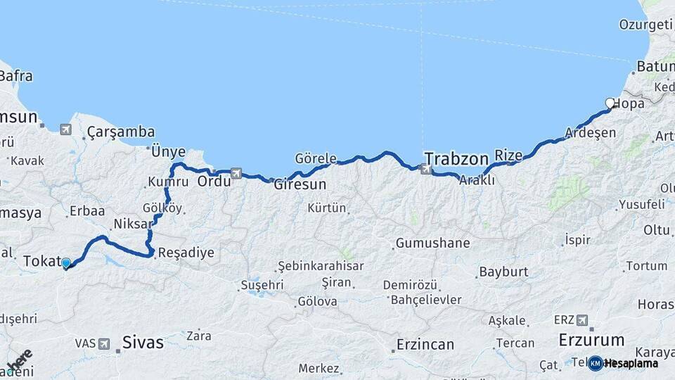 Tokat Hopa Artvin Arası Kaç Km - Yol Haritası