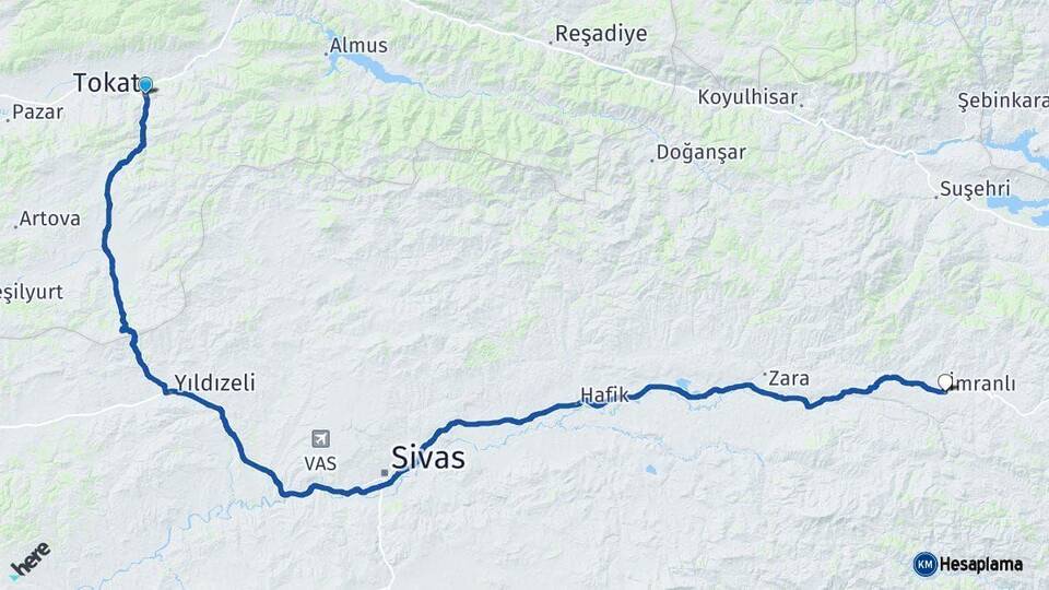Tokat İmranlı Sivas Arası Kaç Km - Yol Haritası