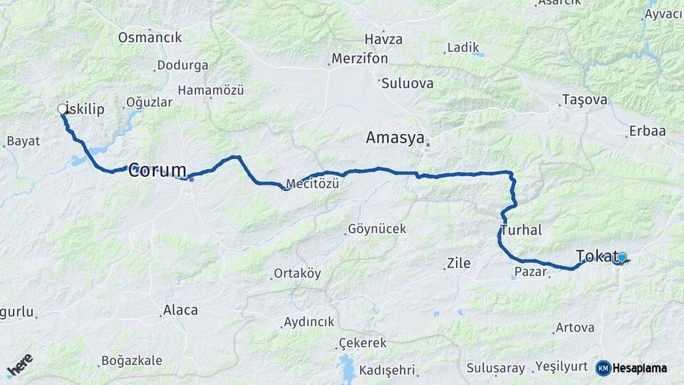 Tokat İskilip Çorum Arası Kaç Km - Yol Haritası