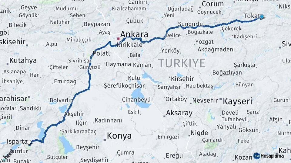 Tokat Isparta Arası Kaç Km - Yol Haritası