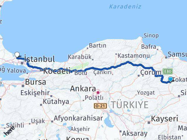 Tokat İstanbul Havalimanı Arası Kaç Km - Yol Haritası
