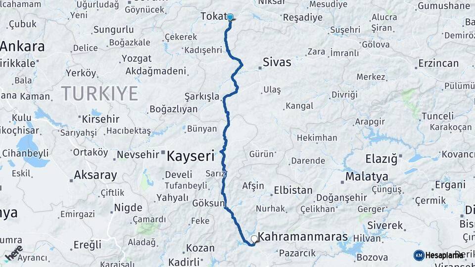 Tokat Kahramanmaraş Arası Kaç Km - Yol Haritası