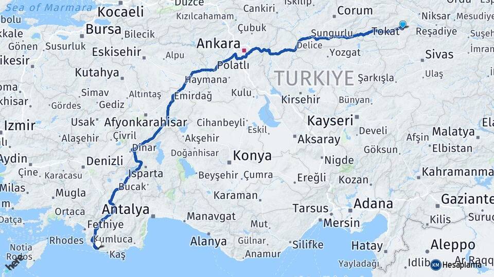 Tokat Kalkan Kaş Antalya Arası Kaç Km - Yol Haritası