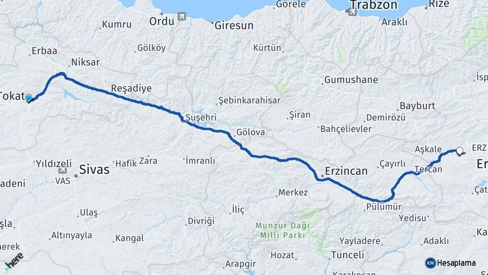 Tokat Kandilli Aşkale Erzurum Arası Kaç Km - Yol Haritası