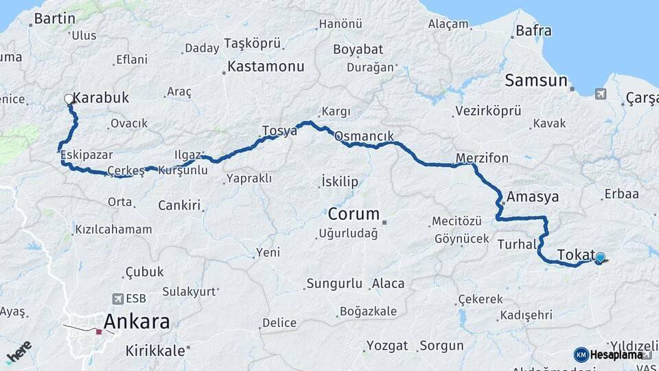 Tokat Karabük Arası Kaç Km - Yol Haritası