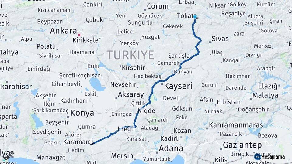 Tokat Karaman Arası Kaç Km - Yol Haritası