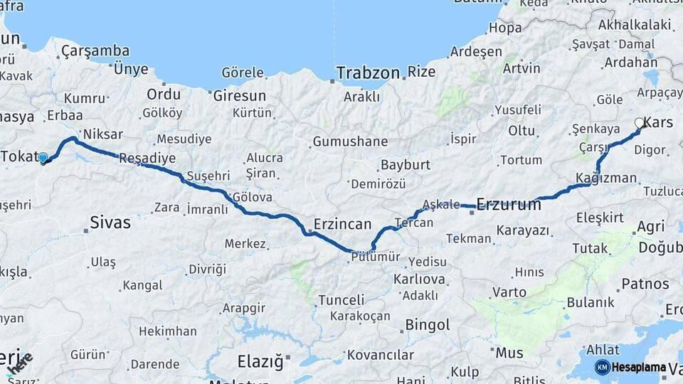 Tokat Kars Arası Kaç Km - Yol Haritası