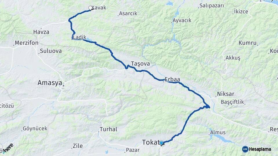 Tokat Kavak Samsun Arası Kaç Km - Yol Haritası