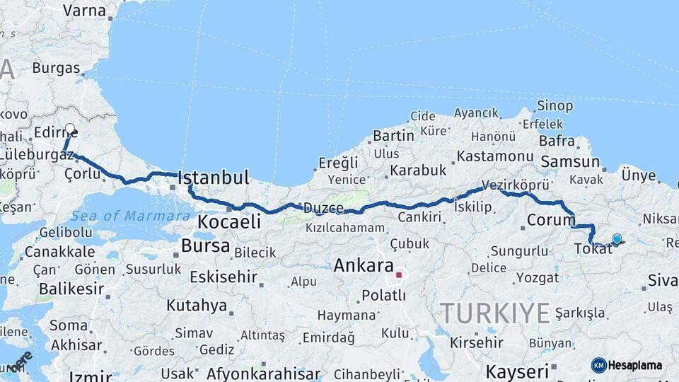 Tokat Kırklareli Arası Kaç Km - Yol Haritası