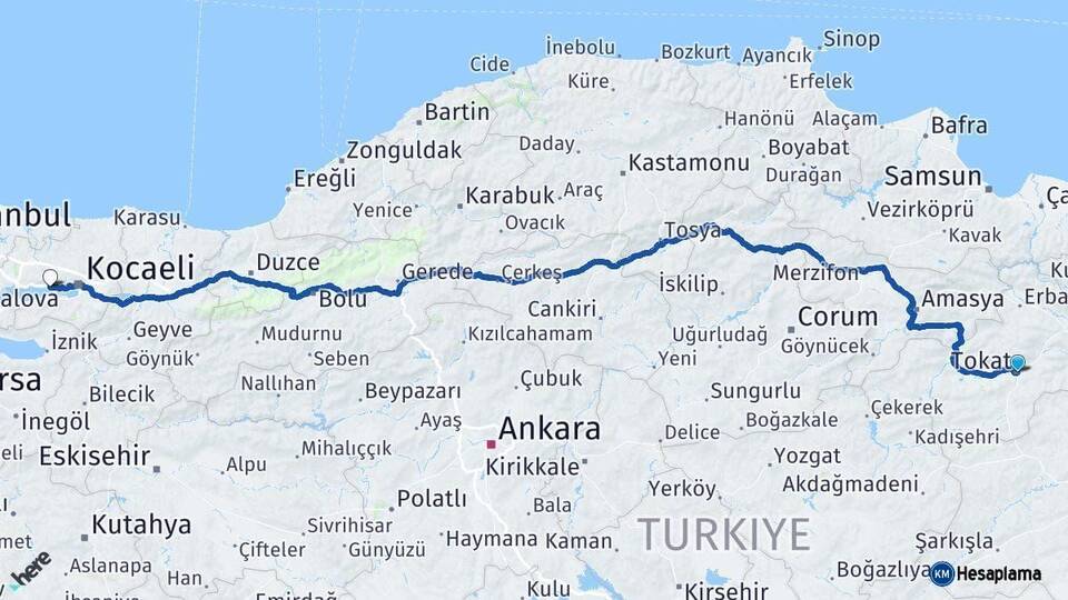 Tokat Körfez Kocaeli Arası Kaç Km - Yol Haritası