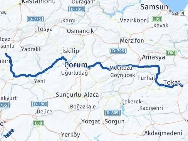 Tokat Korgun Çankırı Arası Kaç Km - Yol Haritası