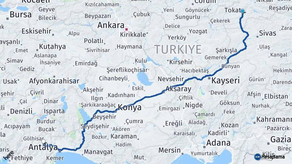 Tokat Korkuteli Antalya Arası Kaç Km - Yol Haritası