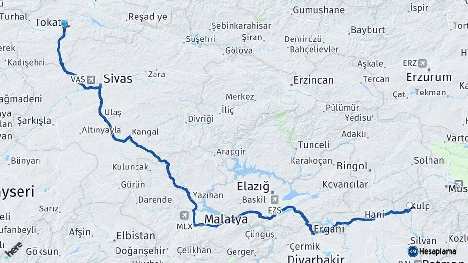 Tokat Kulp Diyarbakır Arası Kaç Km - Yol Haritası