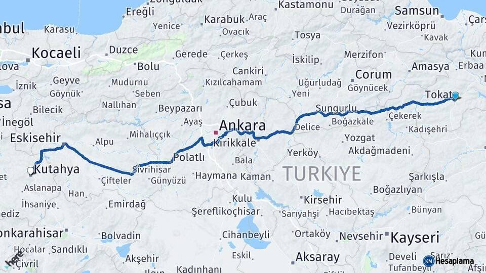 Tokat Kütahya Arası Kaç Km - Yol Haritası