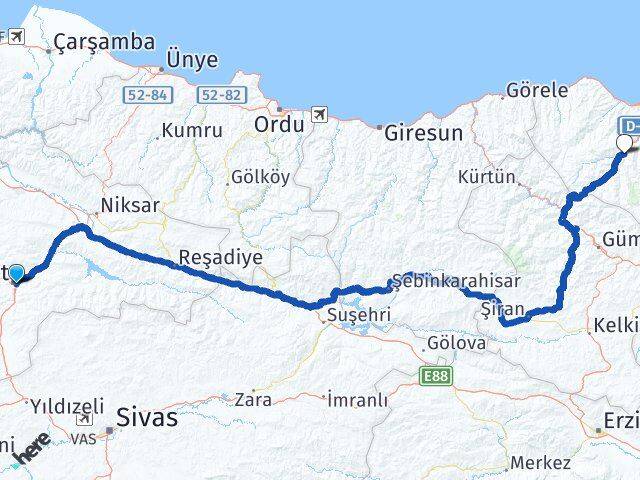 Tokat Maçka Trabzon Arası Kaç Km - Yol Haritası