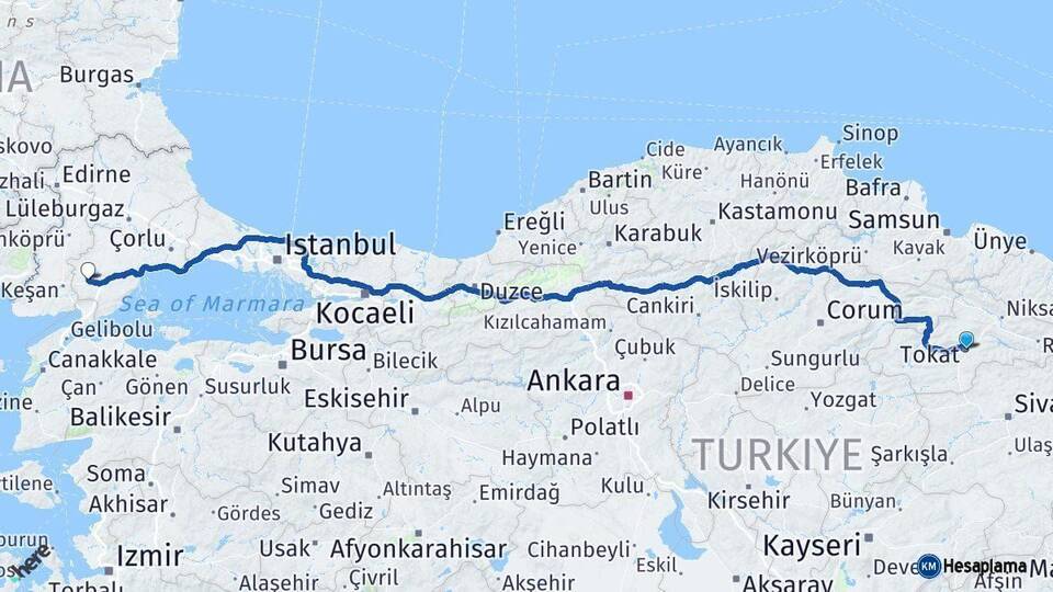 Tokat Malkara Tekirdağ Arası Kaç Km - Yol Haritası