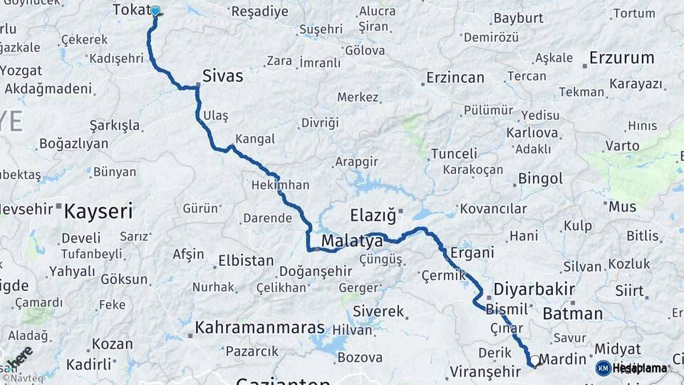 Tokat Mardin Arası Kaç Km - Yol Haritası