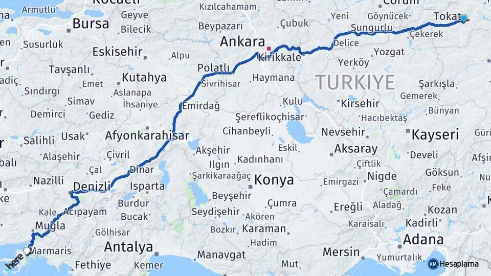 Tokat Marmaris Muğla Arası Kaç Km - Yol Haritası