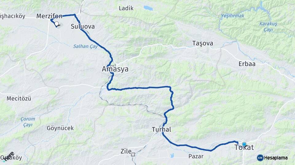 Tokat Merzifon Havalimanı Arası Kaç Km - Yol Haritası