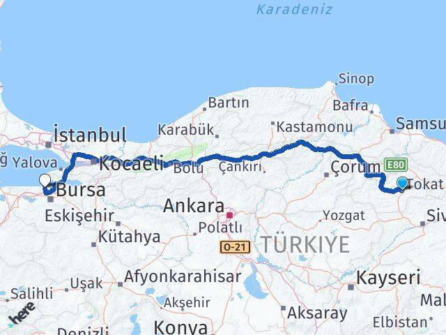 Tokat Mudanya Bursa Arası Kaç Km - Yol Haritası