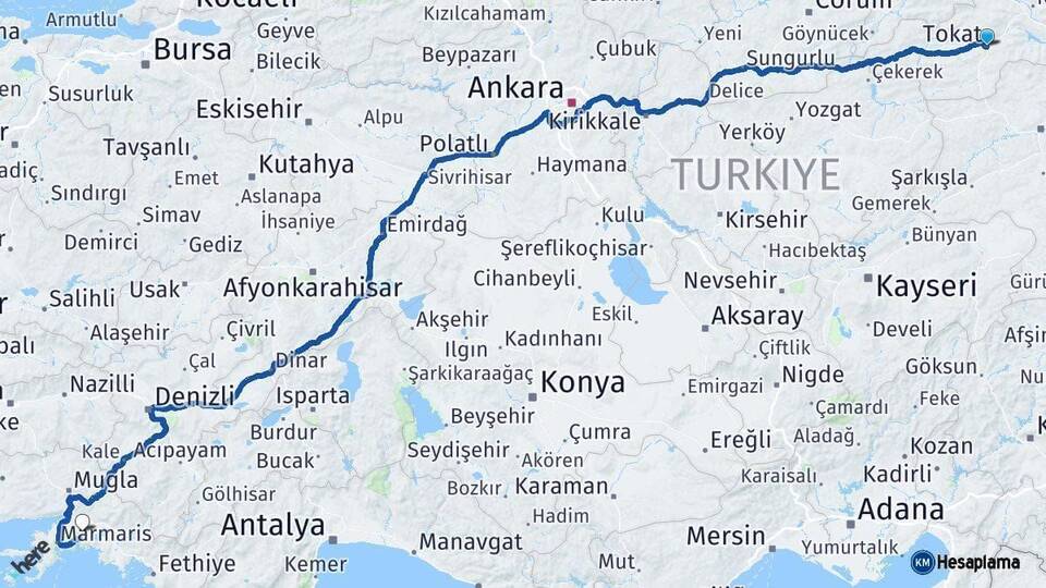 Tokat Muğla Arası Kaç Km - Yol Haritası
