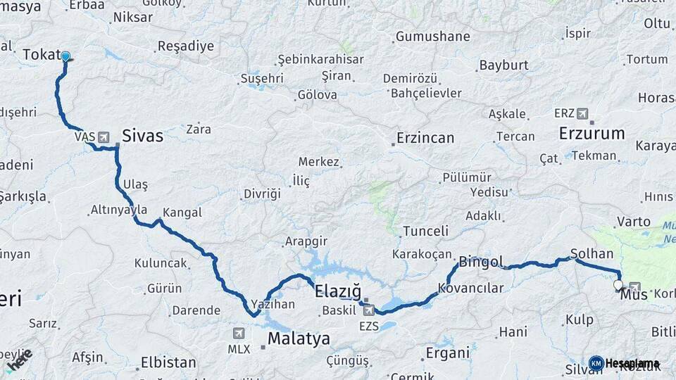 Tokat Muş Arası Kaç Km - Yol Haritası