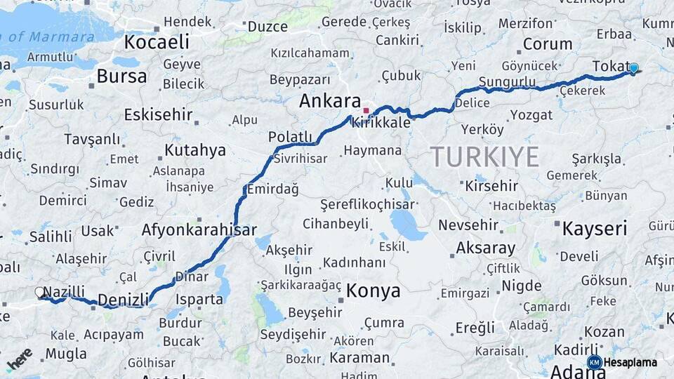 Tokat Nazilli Aydın Arası Kaç Km - Yol Haritası