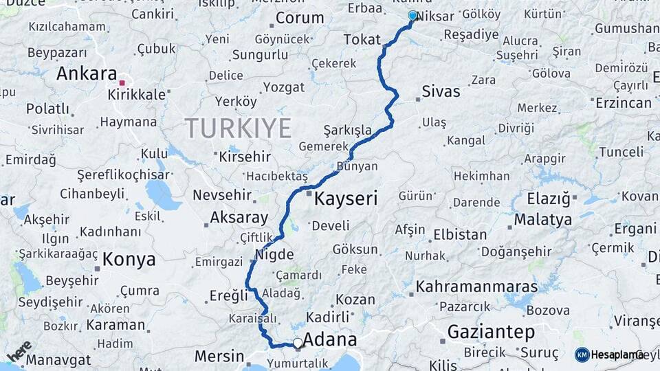 Tokat Niksar Adana Arası Kaç Km - Yol Haritası