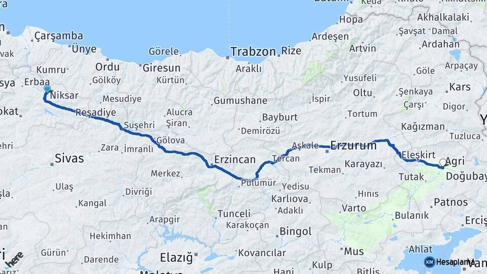 Tokat Niksar Ağrı Arası Kaç Km - Yol Haritası