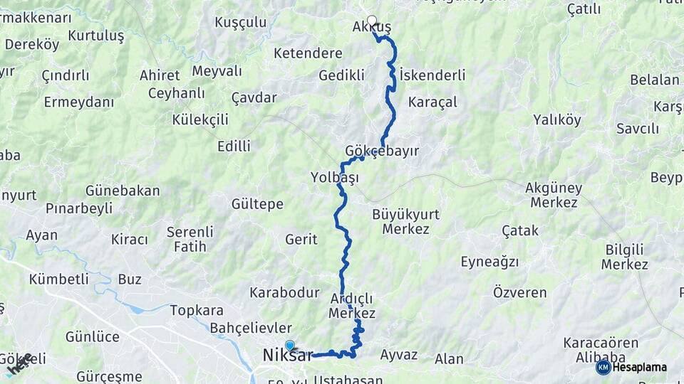 Tokat Niksar Akkuş Ordu Arası Kaç Km - Yol Haritası