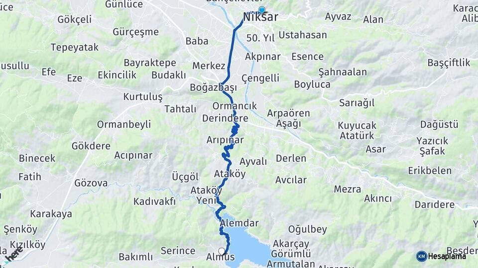 Tokat Niksar Almus Arası Kaç Km - Yol Haritası
